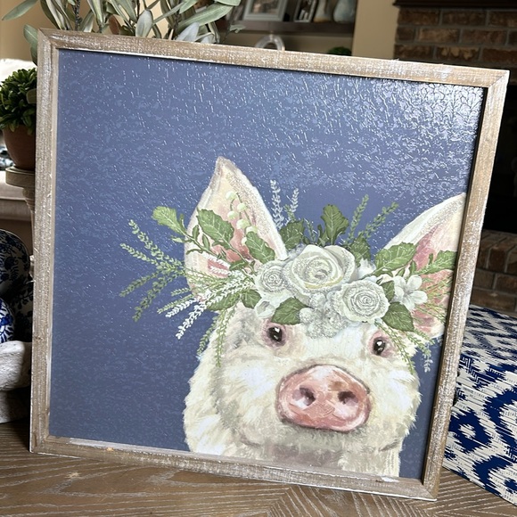 NEW! Cottage Farmhouse Rustic Wood Frame Farm Pig Glitter Floral Rose Crown Art - Picture 7 of 9